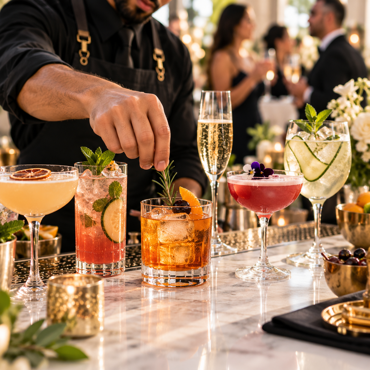 Five signature cocktails and zero-proof drinks finished across an elegant bar.