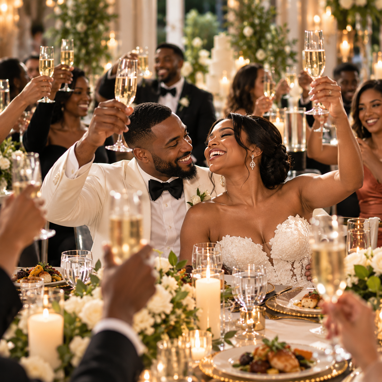 Newlyweds surrounded by guests raising champagne glasses during a wedding reception toast.
