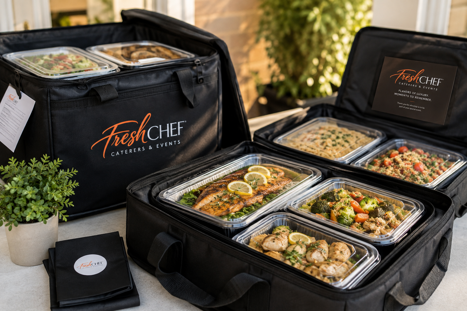 Fresh Chef delivered catering bags and trays of salmon, chicken, vegetables, salad and sides