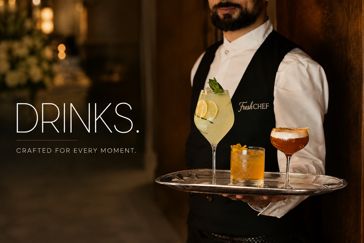 Fresh Chef server presenting a tray of crafted cocktails