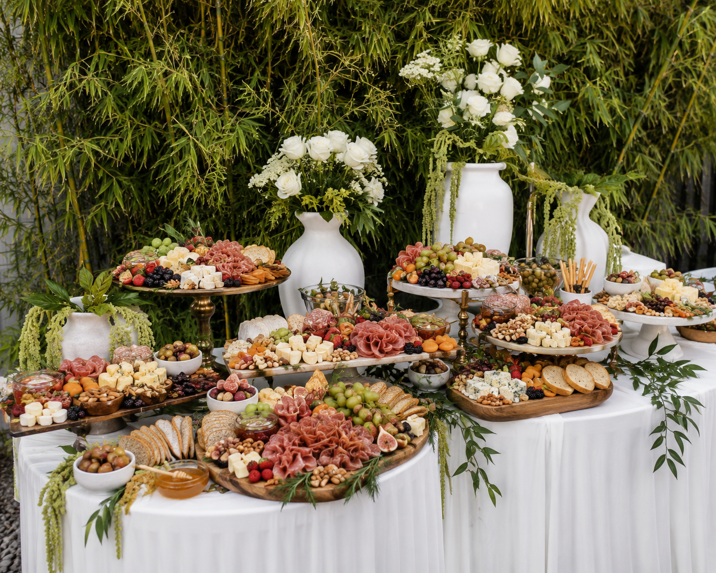 Luxury Fresh Chef grazing table with artisan cheeses, cured meats, figs, berries, breads and honey