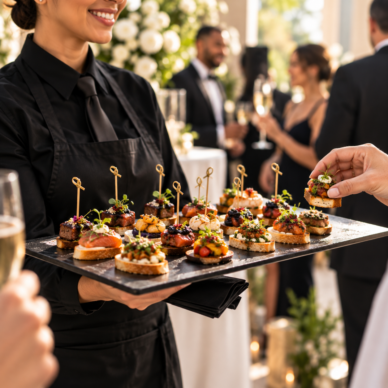 A catering server presenting a tray of composed hors d’oeuvres to guests at an elegant event.