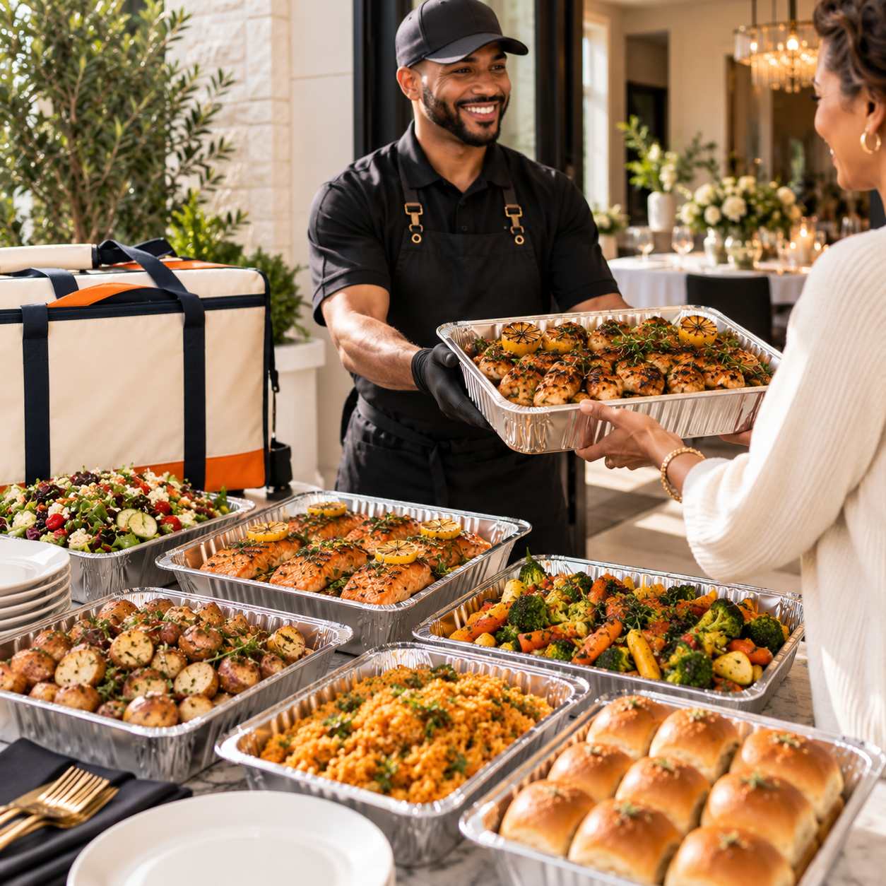 A freshly delivered Fresh Chef buffet of proteins, sides, vegetables, salad and artisan bread ready to serve.