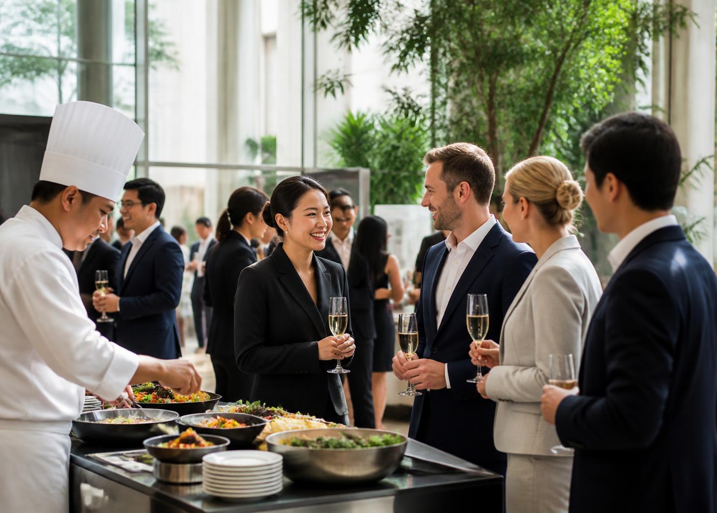 Guests and a chef at a corporate reception in a bright architectural atrium