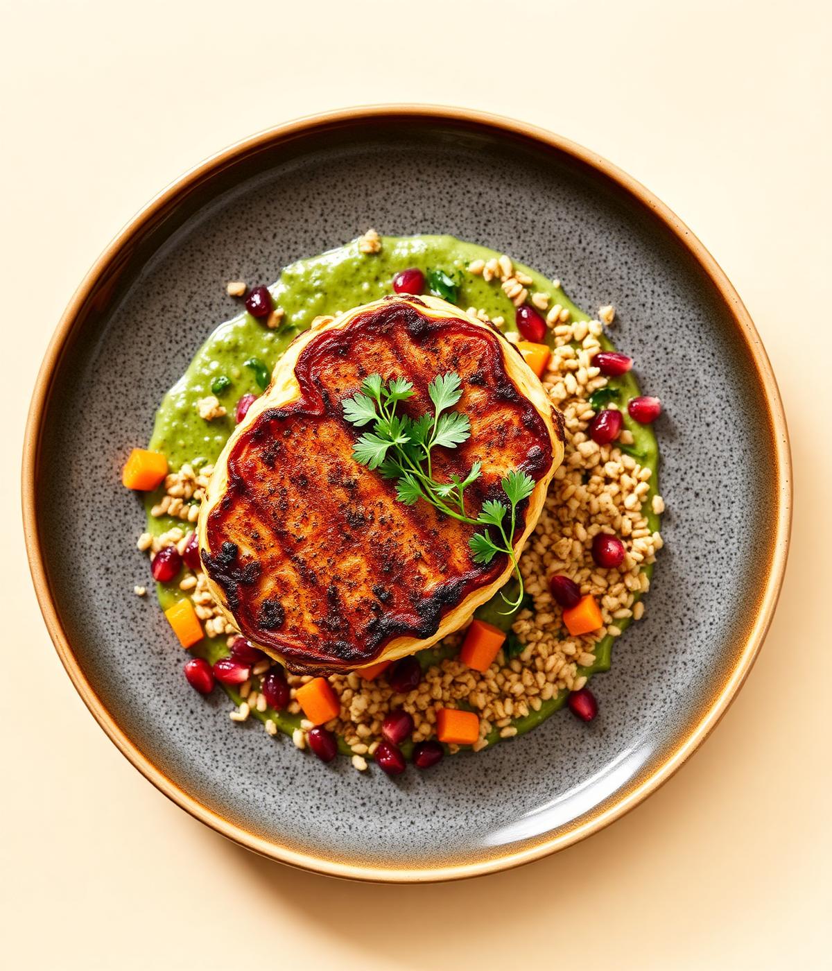Globally inspired plated dish with herb sauce, grains and pomegranate