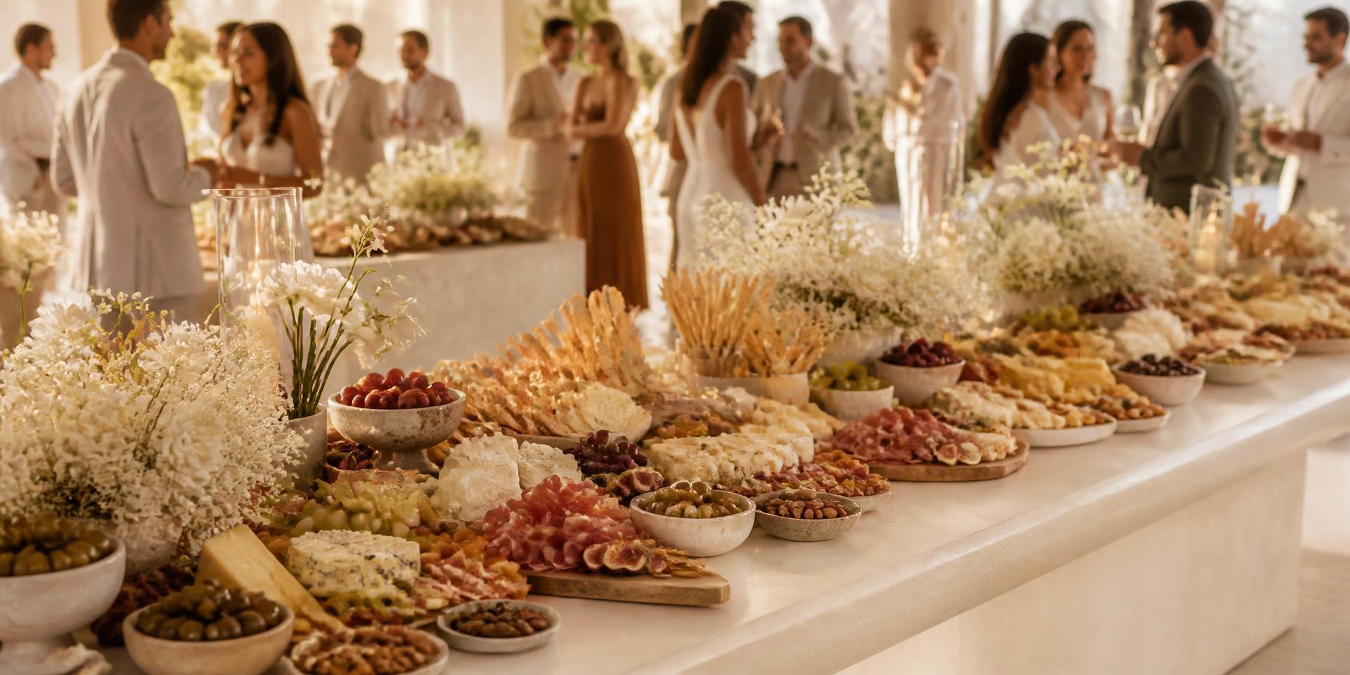 Panoramic Fresh Chef grazing table at an elegant celebration with guests gathering