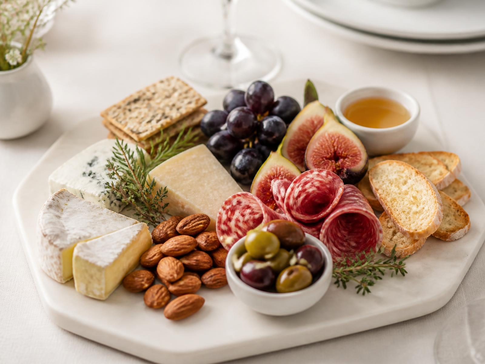 Intimate Fresh Chef charcuterie board with artisan cheeses, cured meats, figs, grapes, olives, nuts and honey