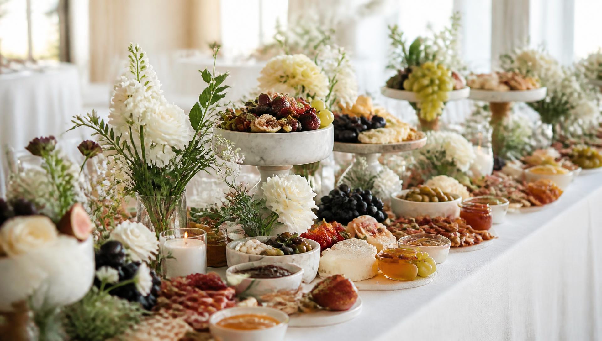 Breathtaking Fresh Chef Gold Standard grazing installation spanning a long banquet table at a luxury reception