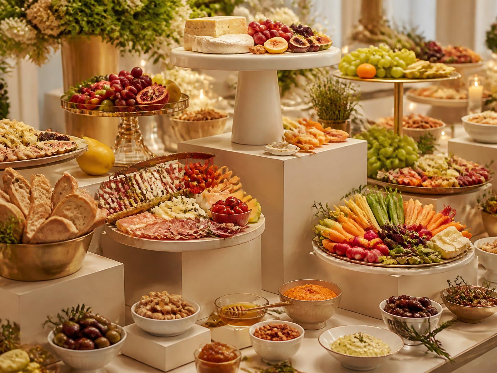 Layered Fresh Chef signature grazing installation with risers, platters, premium cheeses, charcuterie and abundant produce