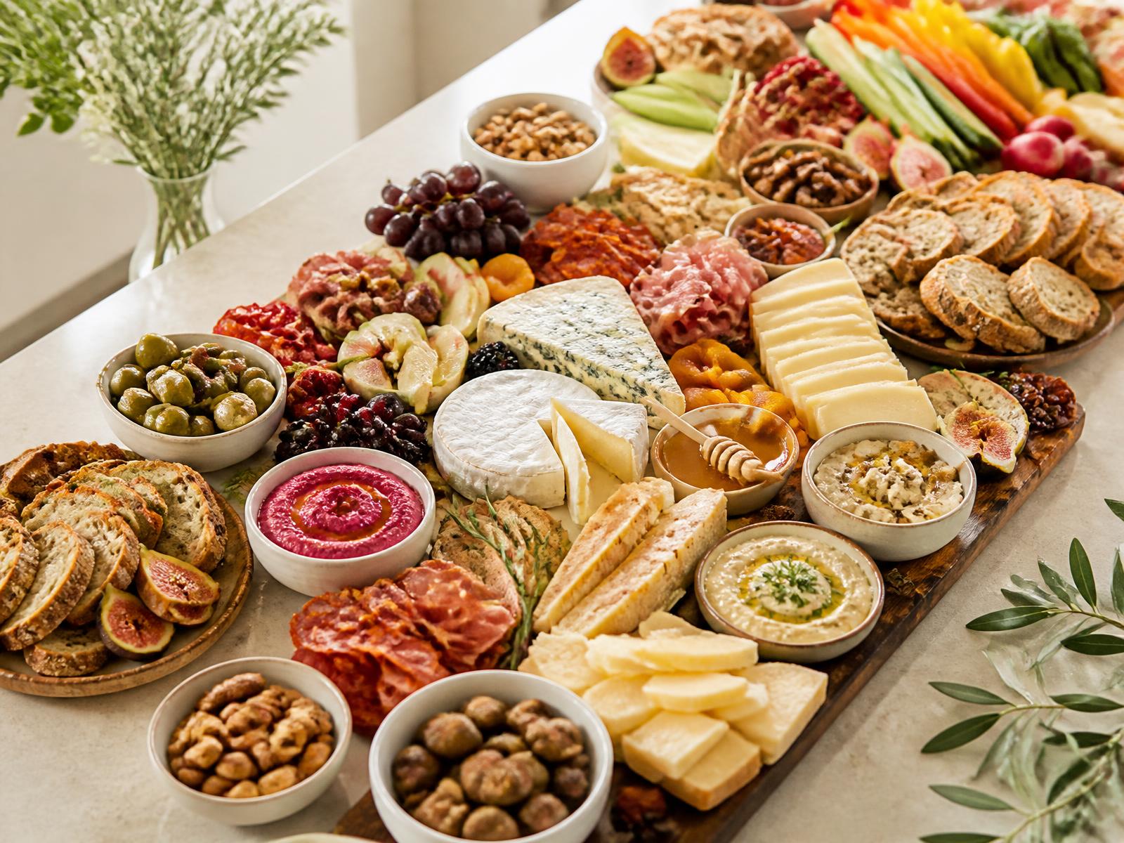 Abundant Fresh Chef social grazing spread with expanded cheeses, charcuterie, crudité, breads, dips and antipasti
