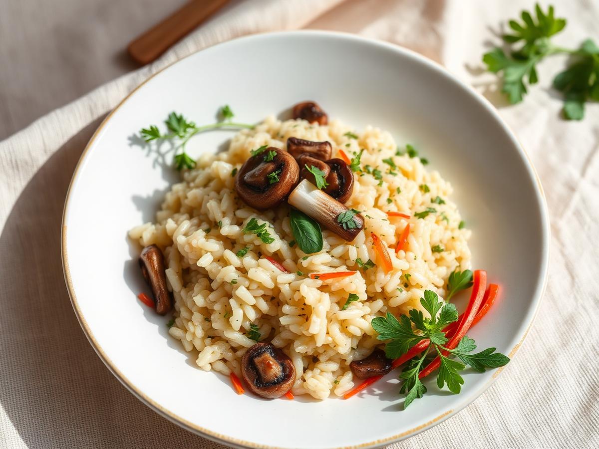 Wild mushroom risotto with herbs and shaved vegetables